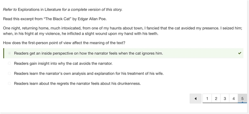 Read this excerpt from “The Black Cat” by Edgar Allan Poe. One night, returning home-example-1