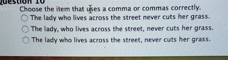 choose the item that uses a, or commas correctly the lady who lives across the street-example-1