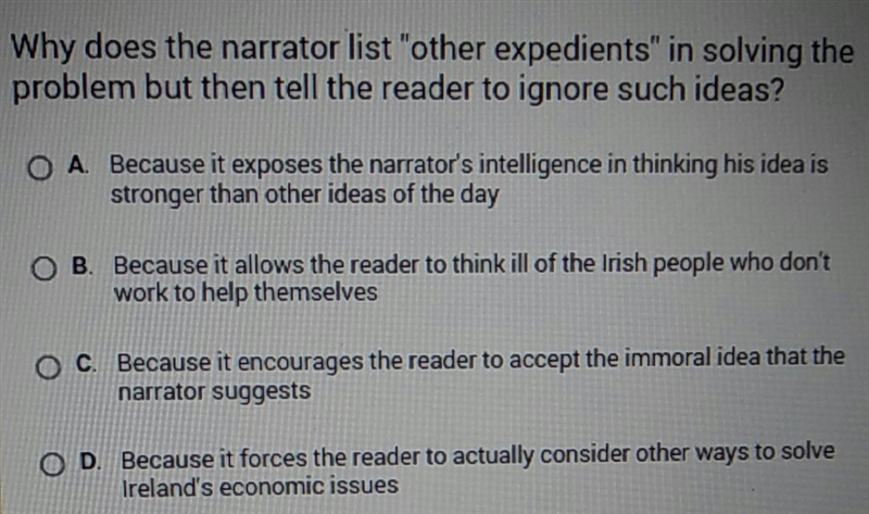 why does the narrator list other expedients in solving the problem but then tell the-example-1