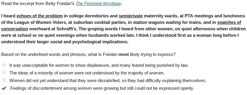 Read the excerpt from Betty Friedan’s The Feminine Mystique. I heard echoes of the-example-1