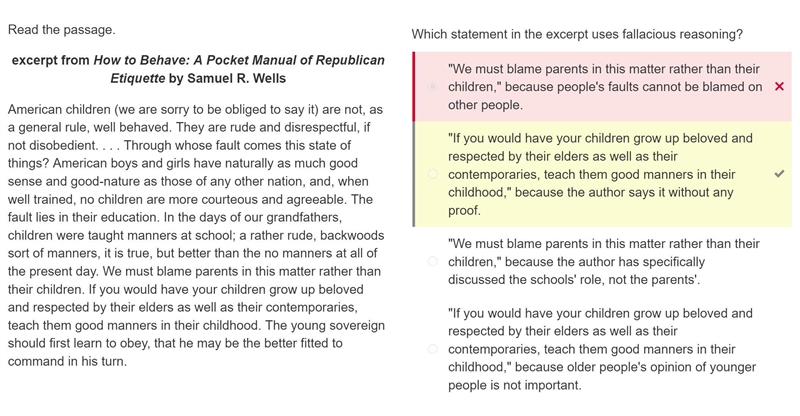 Which statement in the excerpt uses fallacious reasoning? "We must blame parents-example-1