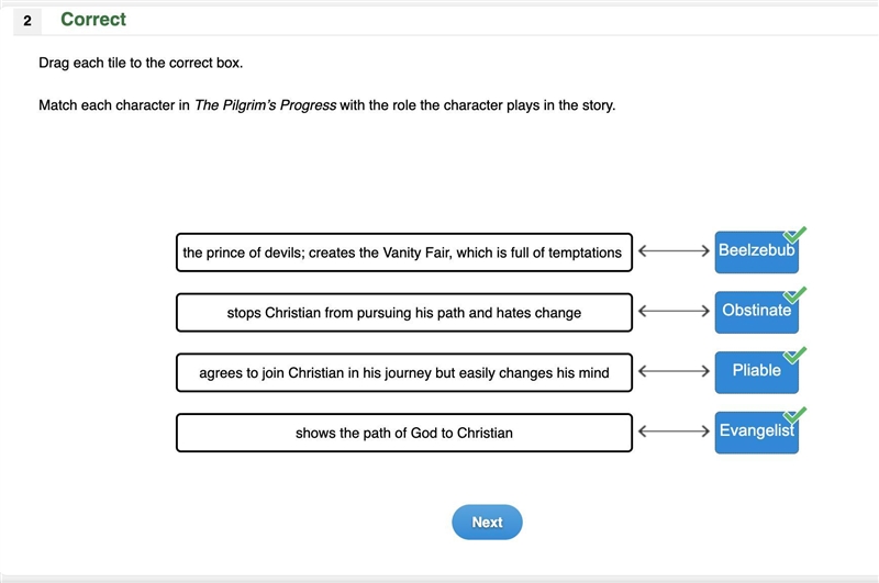 Match each character in The Pilgrim’s Progress with the role the character plays in-example-1