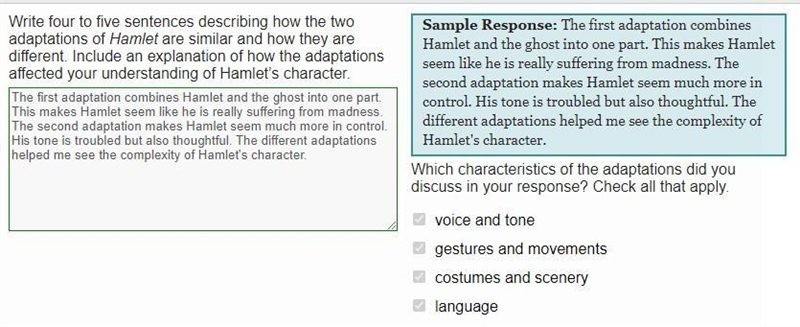 Write four to five sentences describing how the two adaptations of Hamlet are similar-example-1