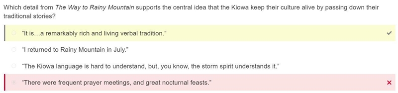 Which detail from The Way to Rainy Mountain supports the central idea that the Kiowa-example-1