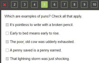 Which are examples of puns? Check all that apply. 1) It’s pointless to write with-example-1