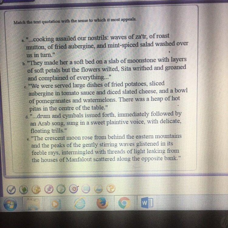 Use the word bank to answer the questions taste,touch,sight,sound,and smell-example-1