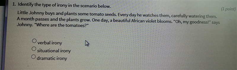 1. Identify the type of irony in the scenario below. (1 point) Little Johnny buys-example-1