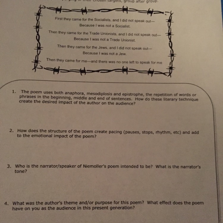 The poem is called "First they came..." and I need help with the questions-example-1