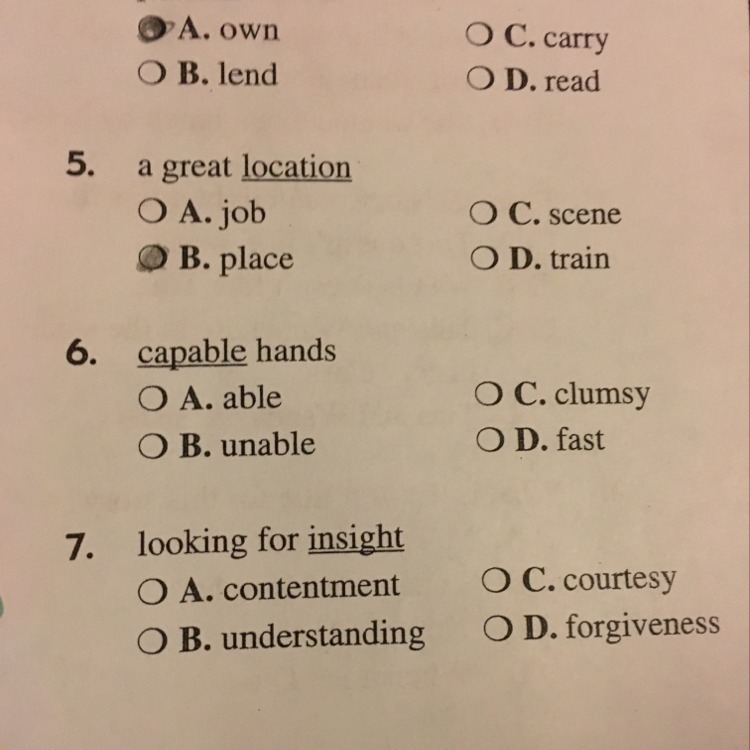 What is the answer to 6&7 and did I get 5 right I am on synonyms in vocabulary-example-1