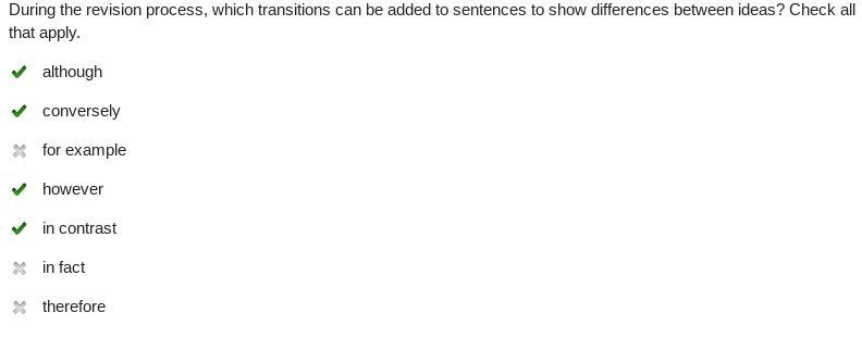 During the revision process, which transitions can be added to sentences to show differences-example-1