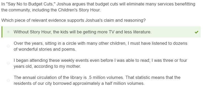 In "Say No to Budget Cuts," Joshua argues that budget cuts will eliminate-example-1