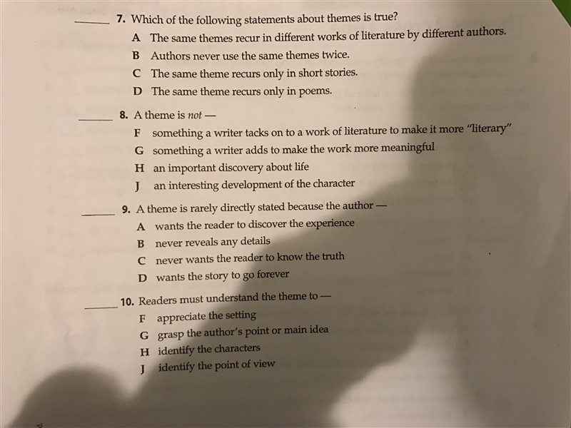 4 easy questions about theme. I need Help on 7,8,9,10. See picture below.-example-1