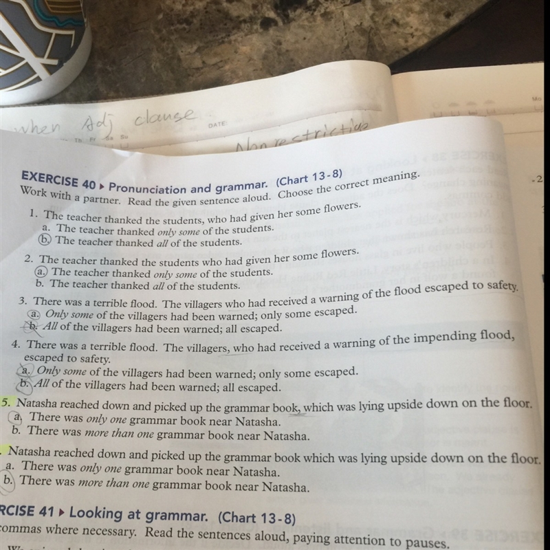 What was the answer to #5. (Natasha reached down and picked up the grammar book, which-example-1