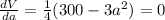 (dV)/(da)=(1)/(4)(300-3a^(2))=0