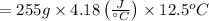 = 255 g * 4.18 \left ( (J)/(^\circ C)} \right )* 12.5^oC