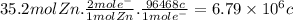 35.2molZn.(2mole^(-) )/(1molZn) .(96468c)/(1mole^(-)) =6.79 * 10^(6) c