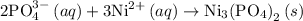 2{\text{PO}}_4^(3-)\left({aq}\right)+3{\text{N}}{{\text{i}}^(2+)}\left({aq}\right)\to{\text{N}}{{\text{i}}_3}{\left({{\text{P}}{{\text{O}}_4}}\right)_2}\left(s\right)