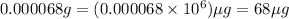 0.000068g=(0.000068* 10^6)\mu g=68\mu g