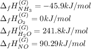 \Delta _fH_(NH_3)^((G))=-45.9kJ/mol\\ \Delta _fH_(O_2)^((G))=0kJ/mol\\\Delta _fH_(H_2O)^((G))=241.8kJ/mol\\\Delta _fH_(NO)^((G))=90.29kJ/mol