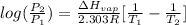 log((P_(2))/(P_(1))) = (\Delta H_(vap))/(2.303R)[(1)/(T_(1)) - (1)/(T_(2))]