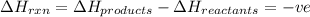\Delta H_(rxn)=\Delta H_(products)-\Delta H_(reactants)=-ve