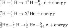 _1^1\textrm{H}+_1^1\textrm{H}\rightarrow 1^2\textrm{H}+_(+1)^0\textrm{e}+\text{energy}\\\\_1^2\textrm{H}+_1^1\textrm{H}\rightarrow 2^3\textrm{He}+\text{energy}\\\\_2^3\textrm{He}+_1^1\textrm{H}\rightarrow _2^4\textrm{He}+_(+1)^0\textrm{e}+\text{energy}