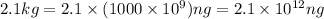 2.1kg=2.1* (1000* 10^9)ng=2.1* 10^(12)ng