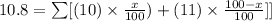 10.8=\sum[(10)* (x)/(100))+(11)* (100-x)/(100)]]