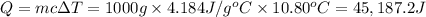 Q=mc\Delta T=1000 g* 4.184 J/g^oC* 10.80^oC=45,187.2 J