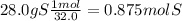 28.0 gS (1 mol)/(32.0) = 0.875 mol S