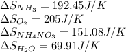 \Delta S_(NH_3)=192.45J/K\\\Delta S_(O_2)=205J/K\\\Delta S_(NH_4NO_3)=151.08J/K\\\Delta S_(H_2O)=69.91J/K