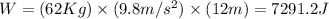 W=(62Kg)* (9.8m/s^2)* (12m)=7291.2J