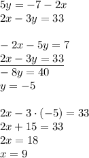 5y = -7 - 2x \\ 2x - 3y = 33\\\\ -2x-5y=7\\ \underline{2x-3y=33}\\ -8y=40\\ y=-5\\\\ 2x-3\cdot(-5)=33\\ 2x+15=33\\ 2x=18\\ x=9