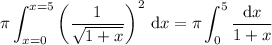 \displaystyle\pi\int_(x=0)^(x=5)\left(\frac1{√(1+x)}\right)^2\,\mathrm dx=\pi\int_0^5(\mathrm dx)/(1+x)