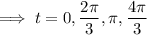 \implies t=0,\frac{2\pi}3,\pi,\frac{4\pi}3