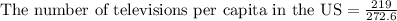 \text{The number of televisions per capita in the US}=(219)/(272.6)