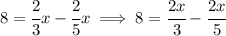 8=\cfrac{2}{3}x-\cfrac{2}{5}x\implies 8=\cfrac{2x}{3}-\cfrac{2x}{5}