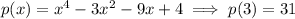 p(x)=x^4-3x^2-9x+4\implies p(3)=31