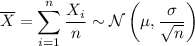 \overline X=\displaystyle\sum_(i=1)^n\frac{X_i}n\sim\mathcal N\left(\mu,\frac\sigma{\sqrt n}\right)