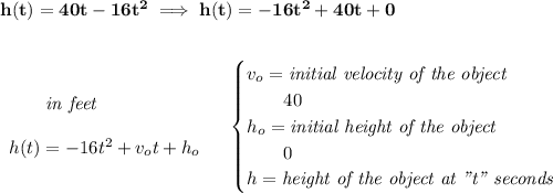 \bf h(t)=40t-16t^2\implies h(t)=-16t^2+40t+0 \\\\\\ \begin{array}{llll} \qquad \textit{in feet}\\\\ h(t) = -16t^2+v_ot+h_o \end{array} \quad \begin{cases} v_o=\textit{initial velocity of the object}\\ \qquad 40\\ h_o=\textit{initial height of the object}\\ \qquad 0\\ h=\textit{height of the object at