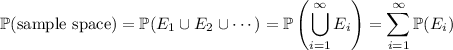 \displaystyle\mathbb P(\text{sample space})=\mathbb P(E_1\cup E_2\cup\cdots)=\mathbb P\left(\bigcup_(i=1)^\infty E_i\right)=\sum_(i=1)^\infty\mathbb P(E_i)