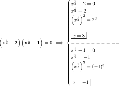 \bf \left( x^{(1)/(3)}-2 \right)\left( x^{(1)/(3)}+1 \right)=0\implies \begin{cases} x^{(1)/(3)}-2=0\\ x^{(1)/(3)}=2\\ \left( x^{(1)/(3)} \right)^3=2^3\\\\ \boxed{x=8}\\ ----------\\ x^{(1)/(3)}+1=0\\ x^{(1)/(3)}=-1\\ \left( x^{(1)/(3)} \right)^3=(-1)^3\\\\ \boxed{x=-1} \end{cases}