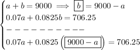 \bf \begin{cases} a+b=9000\implies \boxed{b}=9000-a\\ 0.07a+0.0825b=706.25\\ ----------\\ 0.07a+0.0825\left(\boxed{9000-a} \right)=706.25 \end{cases}