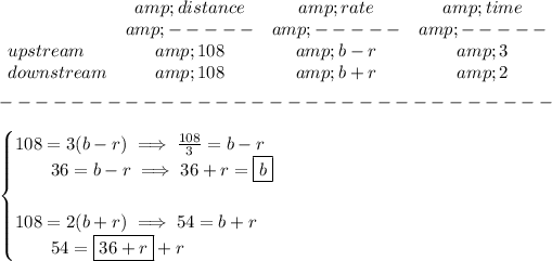 \bf \begin{array}{lccclll} &amp;distance&amp;rate&amp;time\\ &amp;-----&amp;-----&amp;-----\\ upstream&amp;108&amp;b-r&amp;3\\ downstream&amp;108&amp;b+r&amp;2 \end{array}\\\\ -------------------------------\\\\ \begin{cases} 108=3(b-r)\implies (108)/(3)=b-r\\ \qquad 36=b-r\implies 36+r=\boxed{b}\\\\ 108=2(b+r)\implies 54=b+r\\ \qquad 54=\boxed{36+r}+r \end{cases}