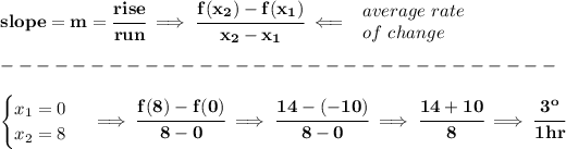 \bf slope = {{ m}}= \cfrac{rise}{run} \implies \cfrac{{{ f(x_2)}}-{{ f(x_1)}}}{{{ x_2}}-{{ x_1}}}\impliedby \begin{array}{llll} average\ rate\\ of\ change \end{array}\\\\ -------------------------------\\\\ \begin{cases} x_1=0\\ x_2=8 \end{cases}\implies \cfrac{f(8)-f(0)}{8-0}\implies \cfrac{14-(-10)}{8-0}\implies \cfrac{14+10}{8}\implies \cfrac{3^o}{1hr}