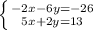 \left \{ {{-2x-6y=-26} \atop {5x+2y=13}} \right.