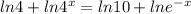 ln 4 + ln 4^x = ln 10 + ln e^(-x)