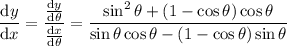 (\mathrm dy)/(\mathrm dx)=((\mathrm dy)/(\mathrm d\theta))/((\mathrm dx)/(\mathrm d\theta))=(\sin^2\theta+(1-\cos\theta)\cos\theta)/(\sin\theta\cos\theta-(1-\cos\theta)\sin\theta)