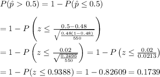 P(\hat{p}\ \textgreater \ 0.5)=1-P(\hat{p}\leq0.5) \\ \\ =1-P\left(z\leq \frac{0.5-0.48}{\sqrt{ (0.48(1-0.48))/(550) }} \right) \\ \\ =1-P\left(z\leq \frac{0.02}{\sqrt{ (0.2496)/(550) }} \right)=1-P\left(z\leq (0.02)/(0.0213) \right) \\ \\ =1-P(z\leq0.9388)=1-0.82609=0.1739