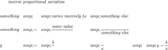 \bf \qquad \textit{ inverse proportional variation}\\\\\\ \begin{array}{llllll} \textit{something}&amp;&amp;\textit{varies inversely to}&amp;\textit{something else}\\ \quad \\ \textit{something}&amp;=&amp;\cfrac{{{\textit{some value}}}}{}&amp;\cfrac{}{\textit{something else}}\\ \quad \\ y&amp;=&amp;\cfrac{{{\textit{k}}}}{}&amp;\cfrac{}{x} &amp;&amp;y=\cfrac{{{ k}}}{x} \end{array}